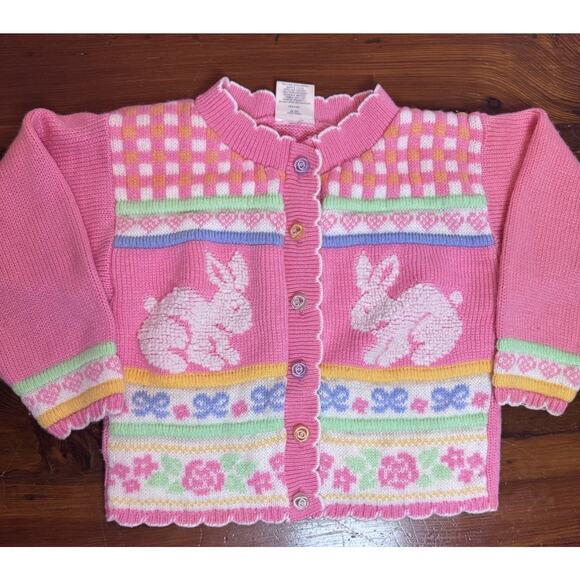 Vintage Easter Bunny Cardigan Sweater Kids 6/6X Pink Knit Spring Floral Pastel - Picture 1 of 13